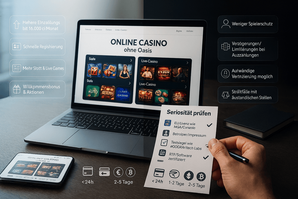 Fotorealistisches Editorial-Foto im 16:9-Format: moderner Schreibtisch mit Laptop und Smartphone, darauf neutrale Online-Casino-Oberfläche. Split-Komposition mit heller, optimistischer linker Seite und dunkler, warnender rechter Seite. Vorteile und Risiken als holografische UI-Overlays dargestellt. Im Vordergrund Checkliste zur Seriosität mit Symbolen für Lizenz, Impressum, Testsiegel und RTP. Unten Icons für Zahlungswege und Zeitmarker. Seriöse Darstellung von casino ohne oasis.