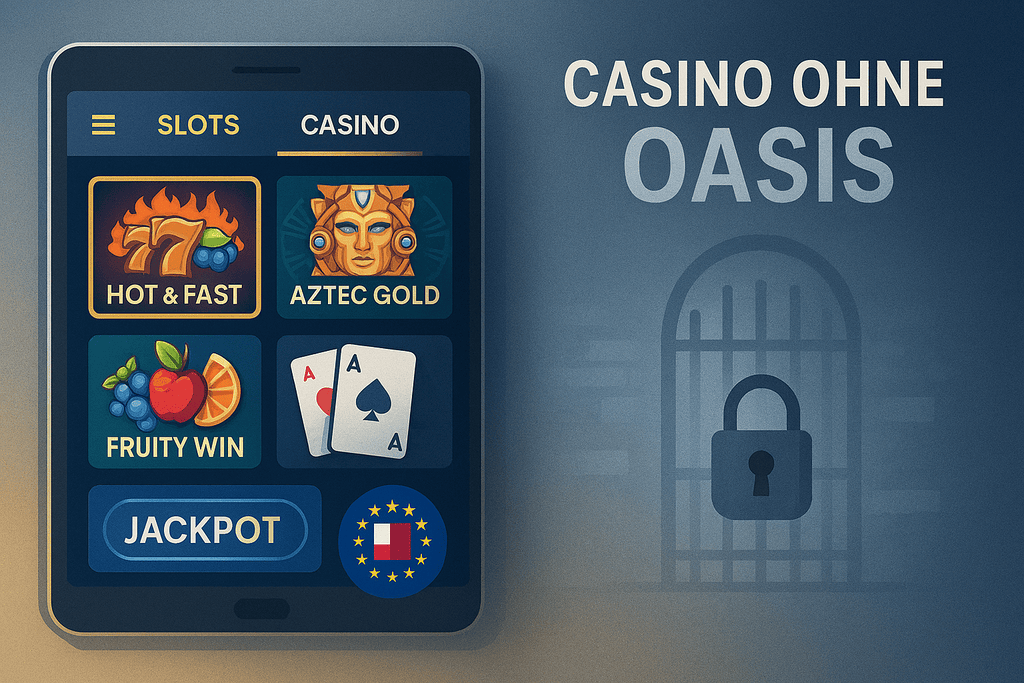 Digitale Illustration eines Casino ohne OASIS in Deutschland: Links modernes Online-Casino mit internationalen Slots und Karten, rechts abstraktes OASIS-Symbol als verschlossenes Tor. EU-Lizenzhinweis mit Malta-Flagge, neutrale blaue und goldene Farbgebung für Vertrauen und Klarheit.